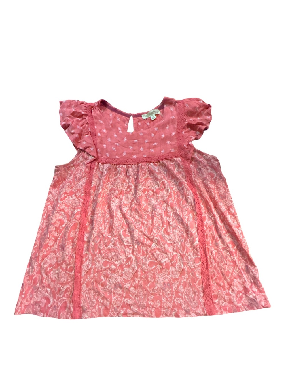 Rewind Coral Pink Paisley Prairie-chic Flutter Sleeve Lace Trim Boho Top Size M